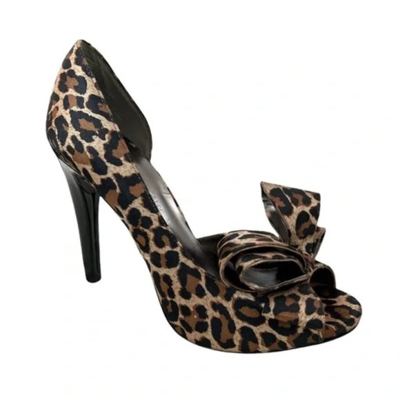 Michael Shannon Lolita Bow Leopard Print Satin Peep Toe High Heel Size 5M - Picture 1 of 10